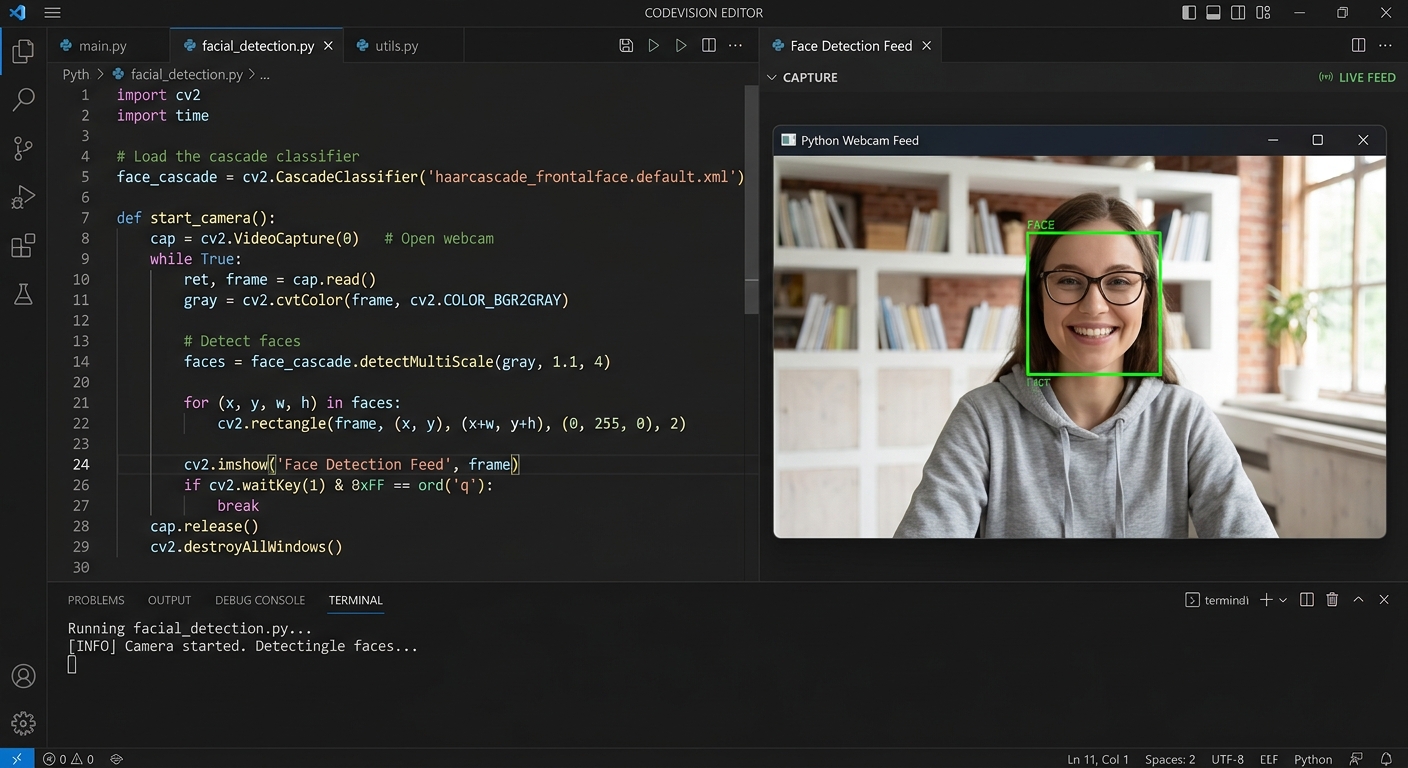 A split screen showing Python code on the left and a live window displaying a basic video feed of a person waving on the right.