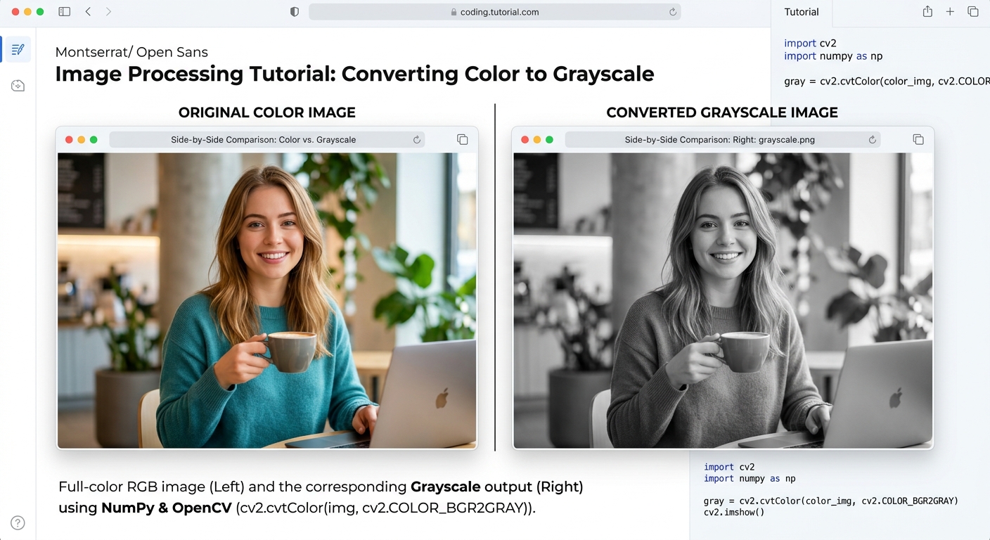 An image showing a side-by-side comparison of a full-color webcam frame on the left, and its exact grayscale equivalent on the right.