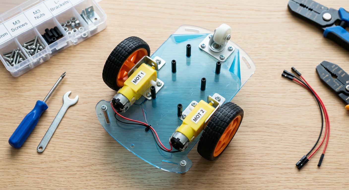 A top-down photo of a robot car chassis with two DC motors mounted