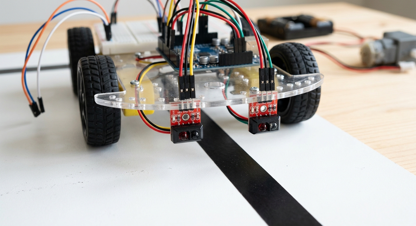 IR sensor modules mounted under the robot front, pointing at the floor