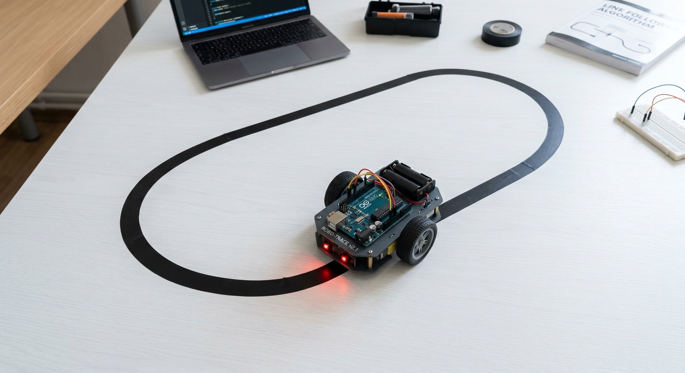 A robot car following a black tape track on a white floor