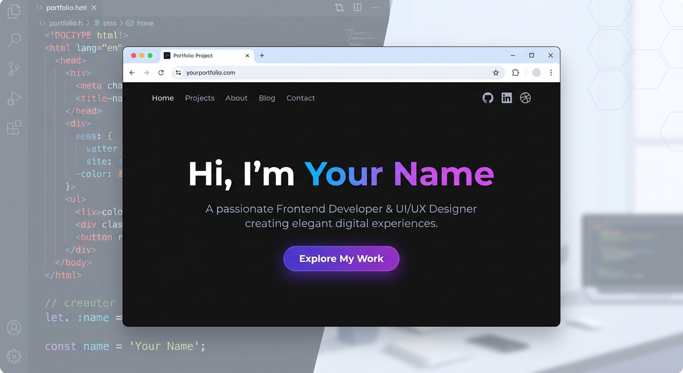A browser showing a dark-themed hero section with large white text