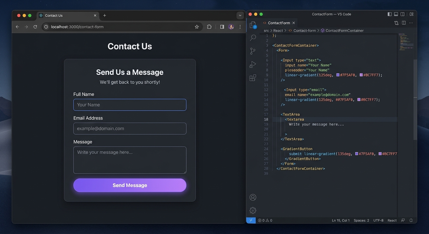 A sleek dark-themed contact form with styled input fields and a gradient submit button