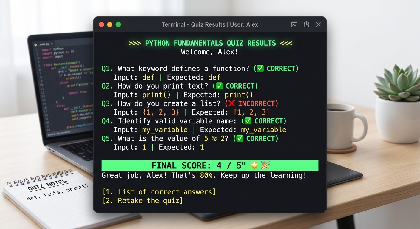 A terminal showing the quiz in progress with score tracking