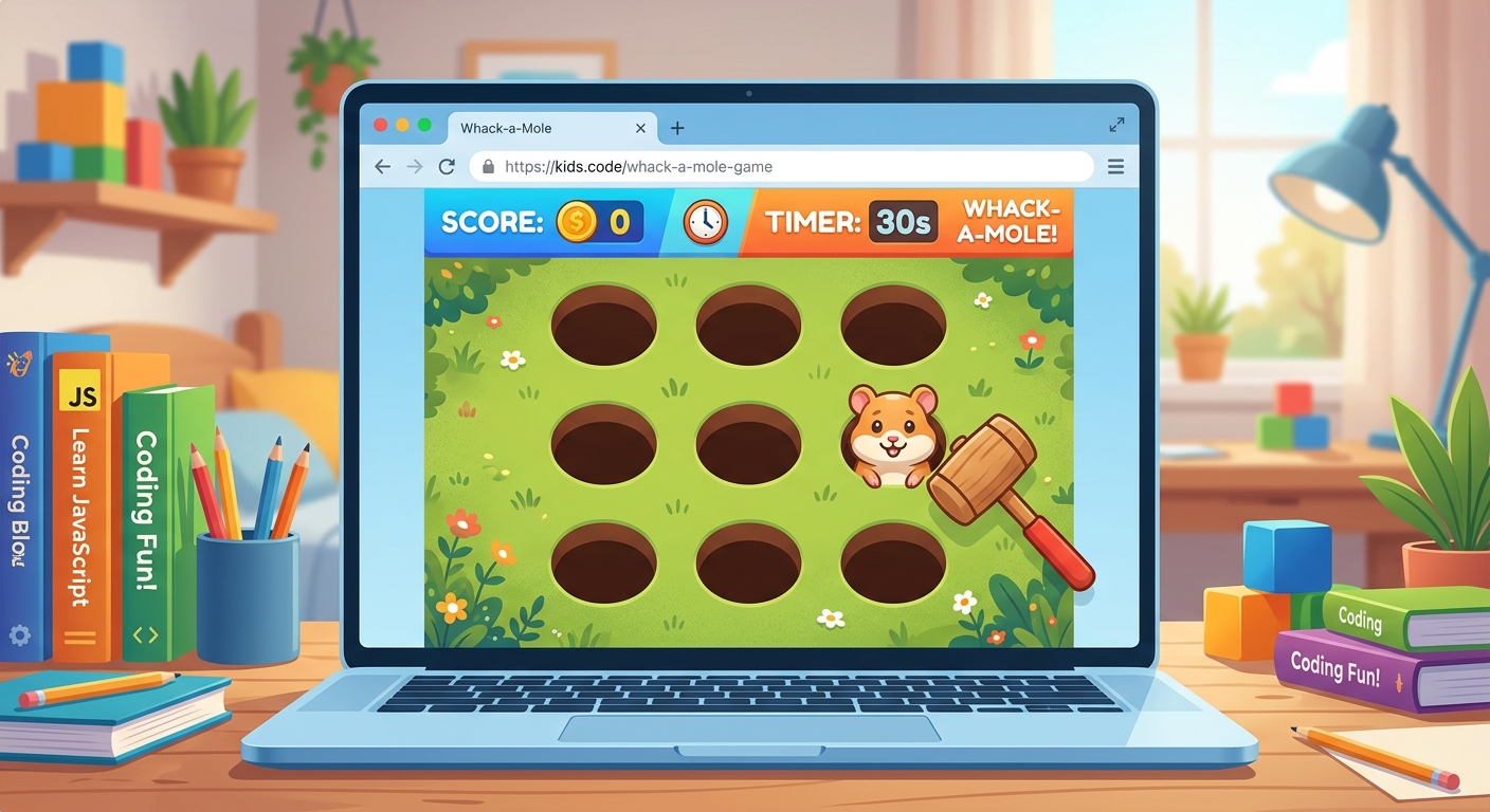 The browser game showing the 3x3 grid with a cute hamster emoji appearing inside the top-right square
