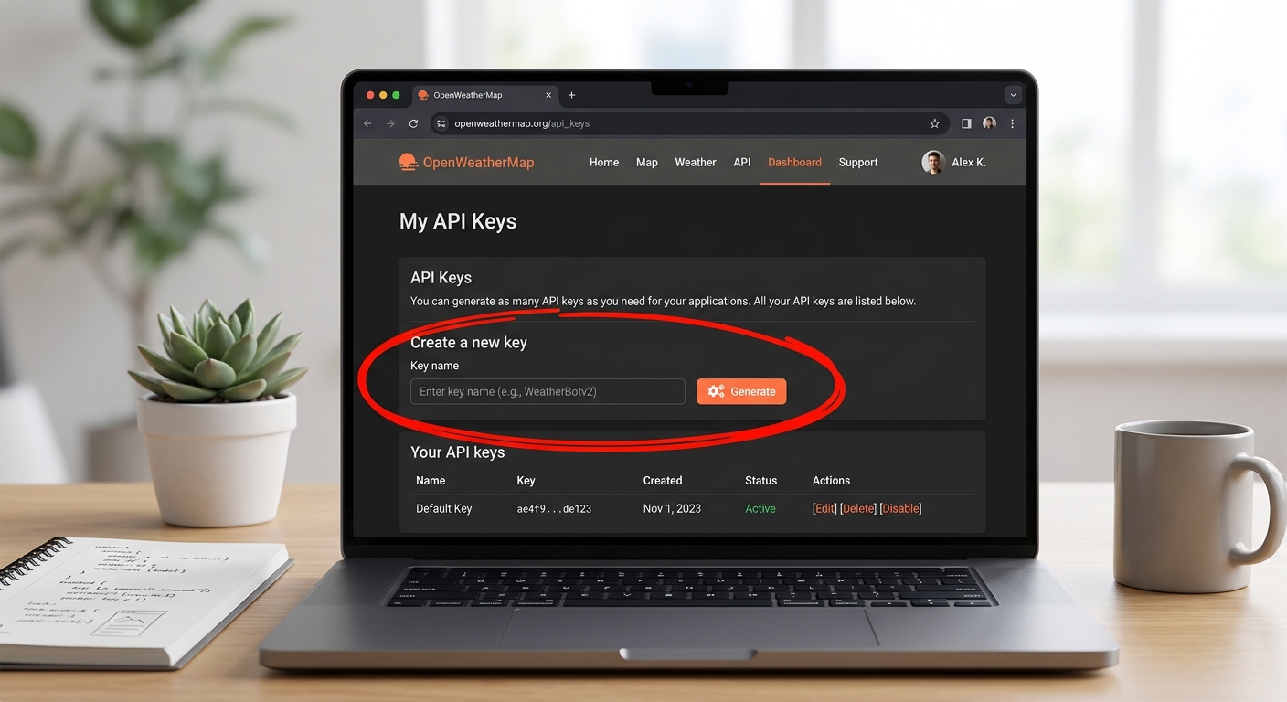 A screenshot of the OpenWeatherMap website highlighting the 'API Keys' tab on the user dashboard.