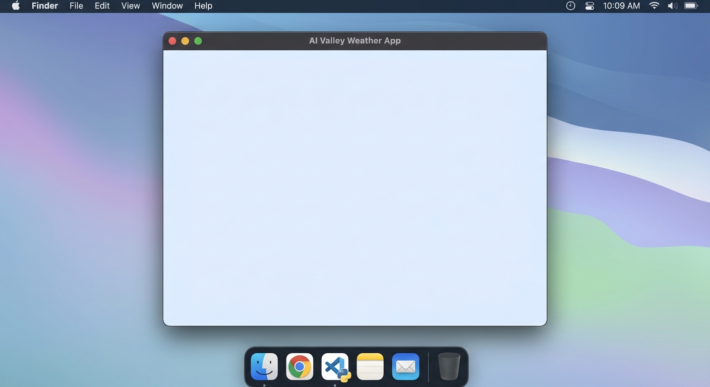 A screenshot of a blank, light-blue Python Tkinter window titled 'AI Valley Weather App'.