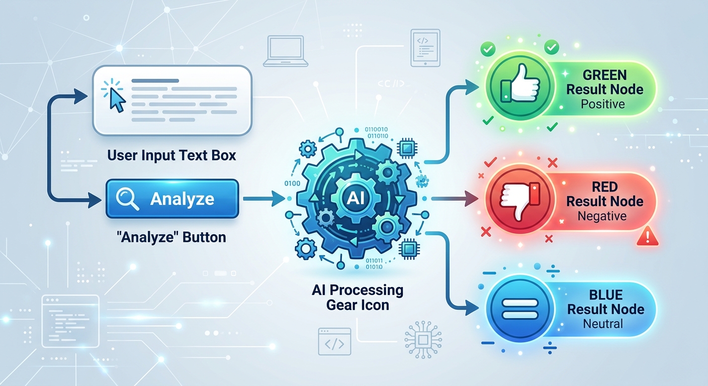 A flowchart showing the if/else logic: User clicks button -> AI calculates score -> Decides if Positive, Negative, or Neutral.