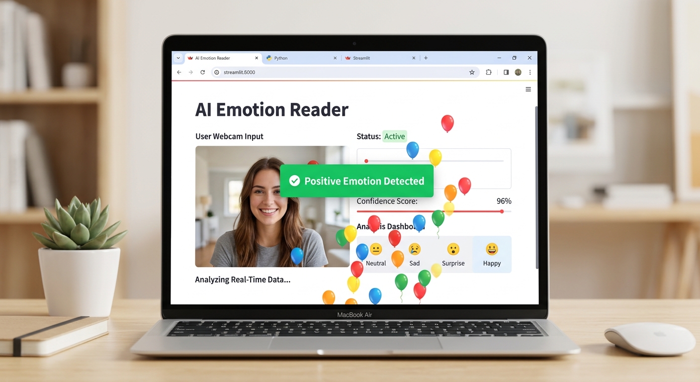 A screenshot of the fully running Streamlit web application in a browser, showing a positive sentiment analysis result with balloons on the screen.