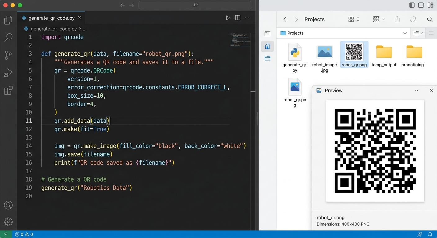 A split screen showing the Python code editor defining the generate_qr function, and a temporary black-and-white QR code saved in the file explorer.