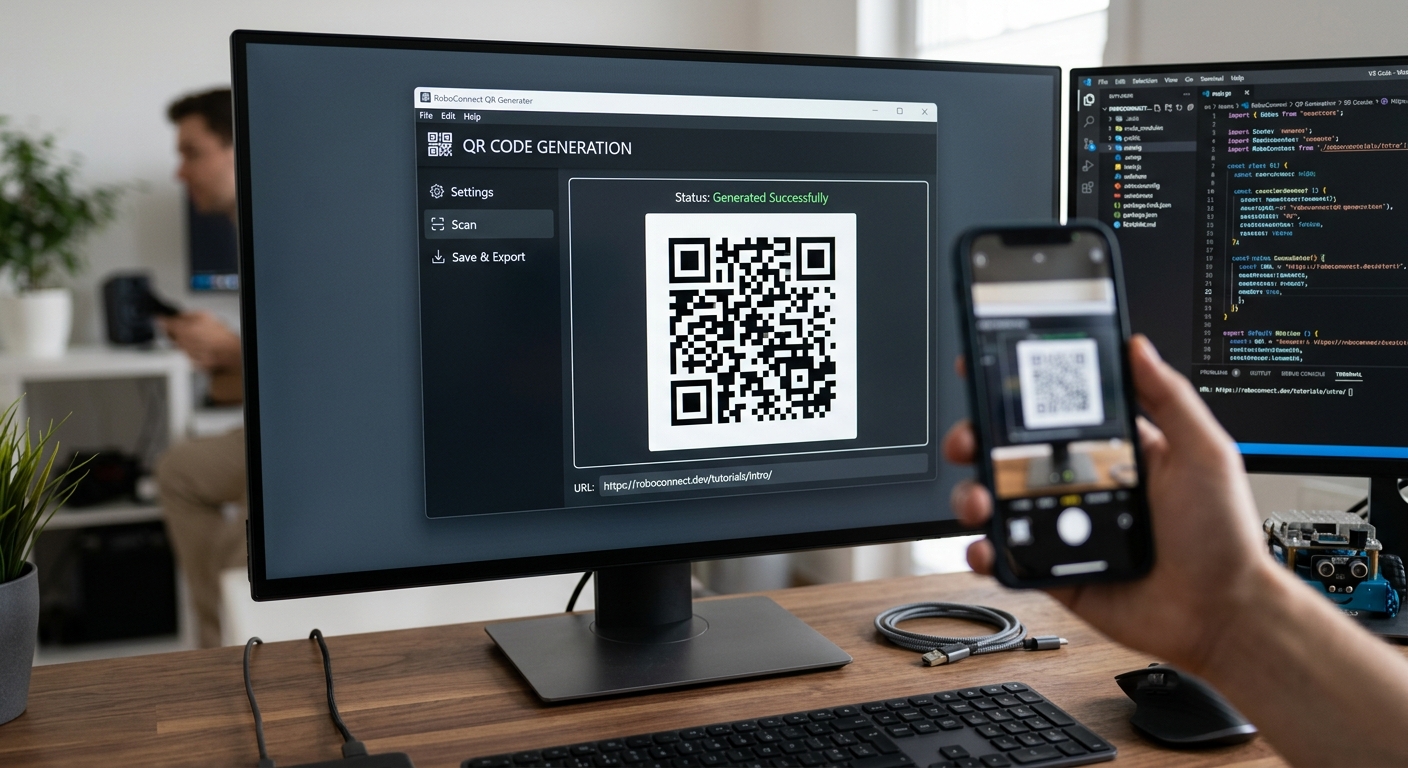 The fully completed application displaying a generated QR code in the center of the dark-themed window, ready to be scanned.