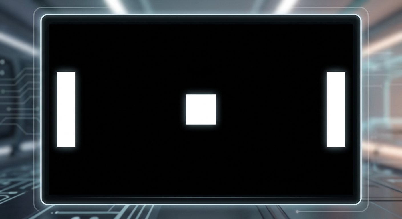 A black game screen showing two white vertical rectangular paddles on the far left and right sides, and a small white square ball perfectly in the center.