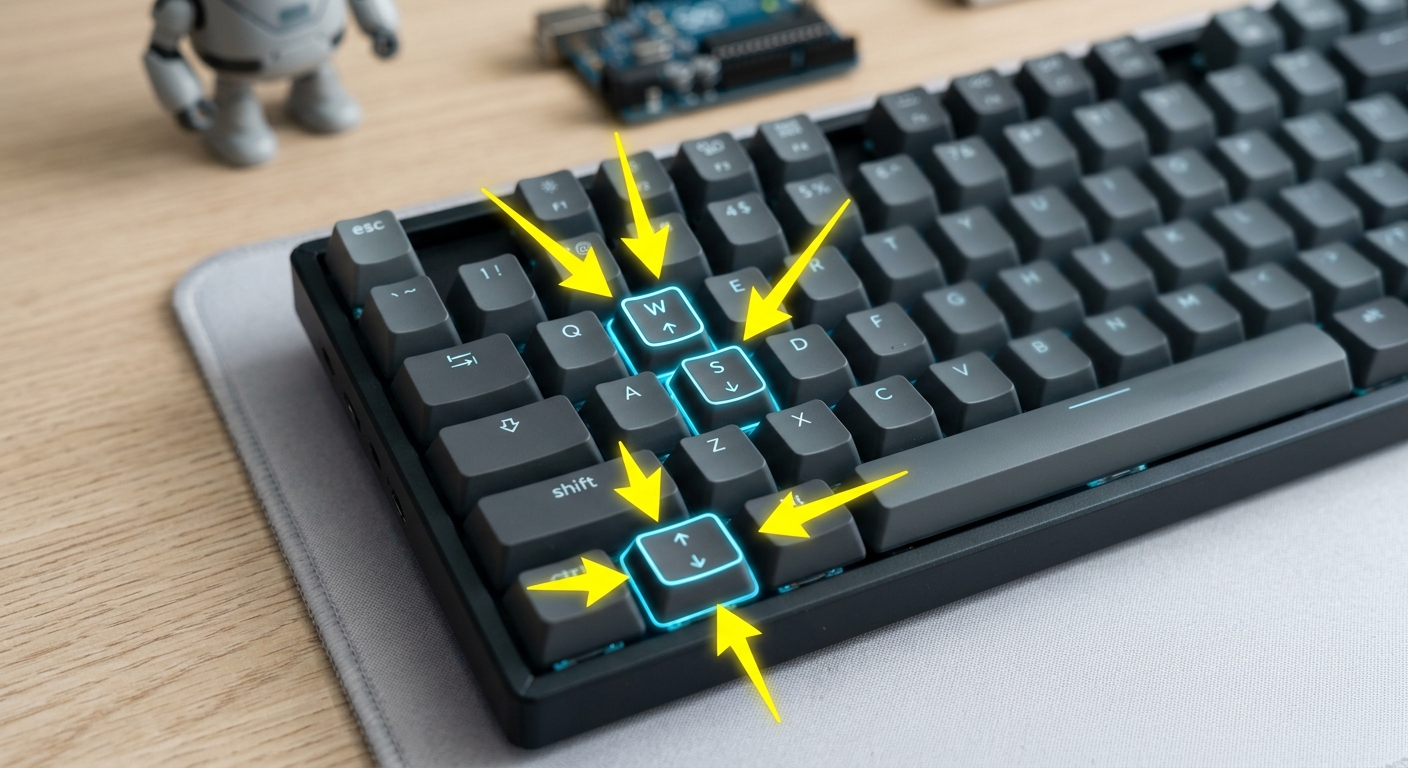 A close up of a computer keyboard with arrows highlighting the 'W' and 'S' keys, alongside the Up and Down arrow keys, used for controlling game paddles.