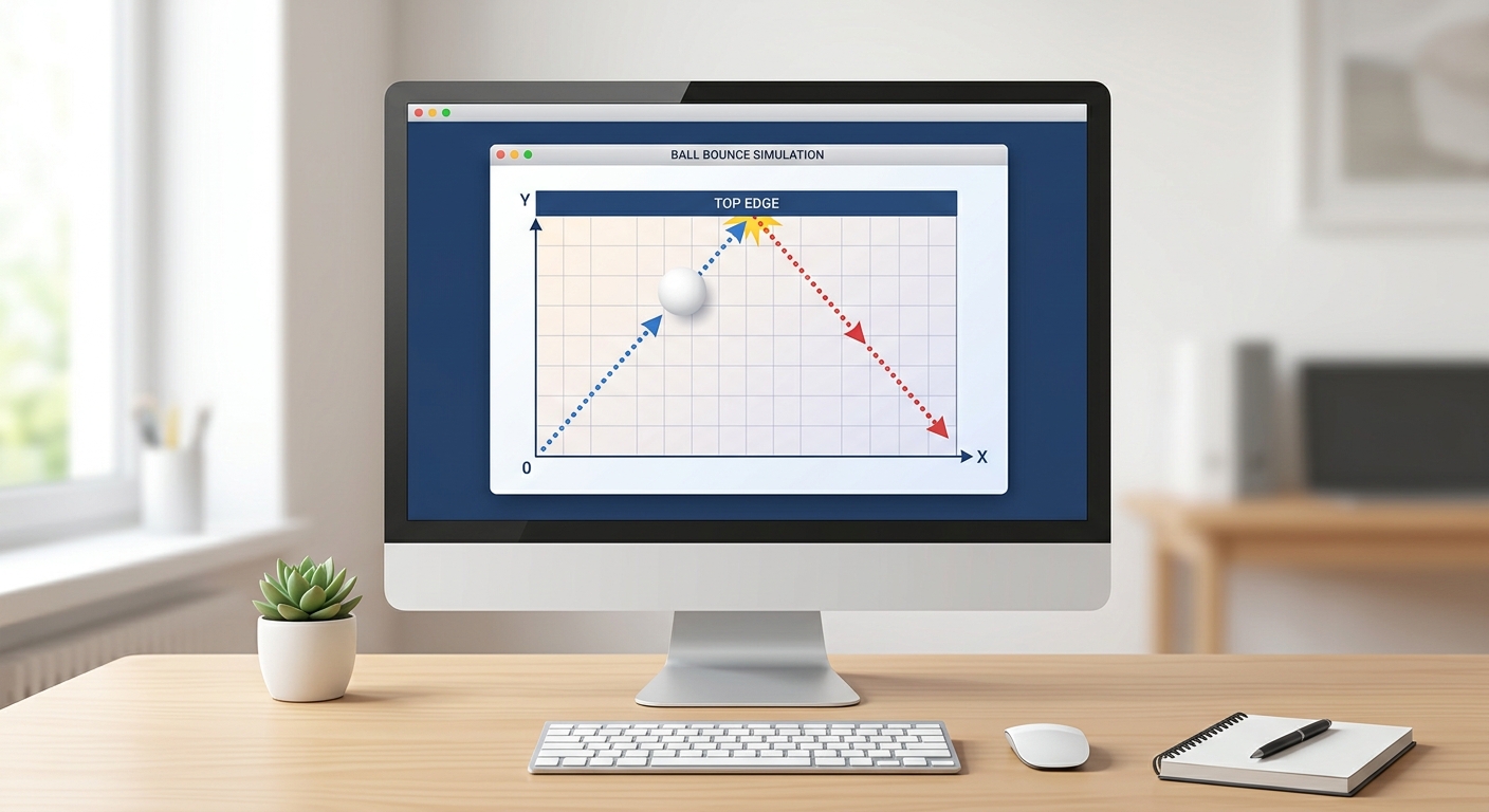 A visual diagram of a computer screen showing a white ball moving at an angle with dotted lines indicating its trajectory bouncing off the top edge.