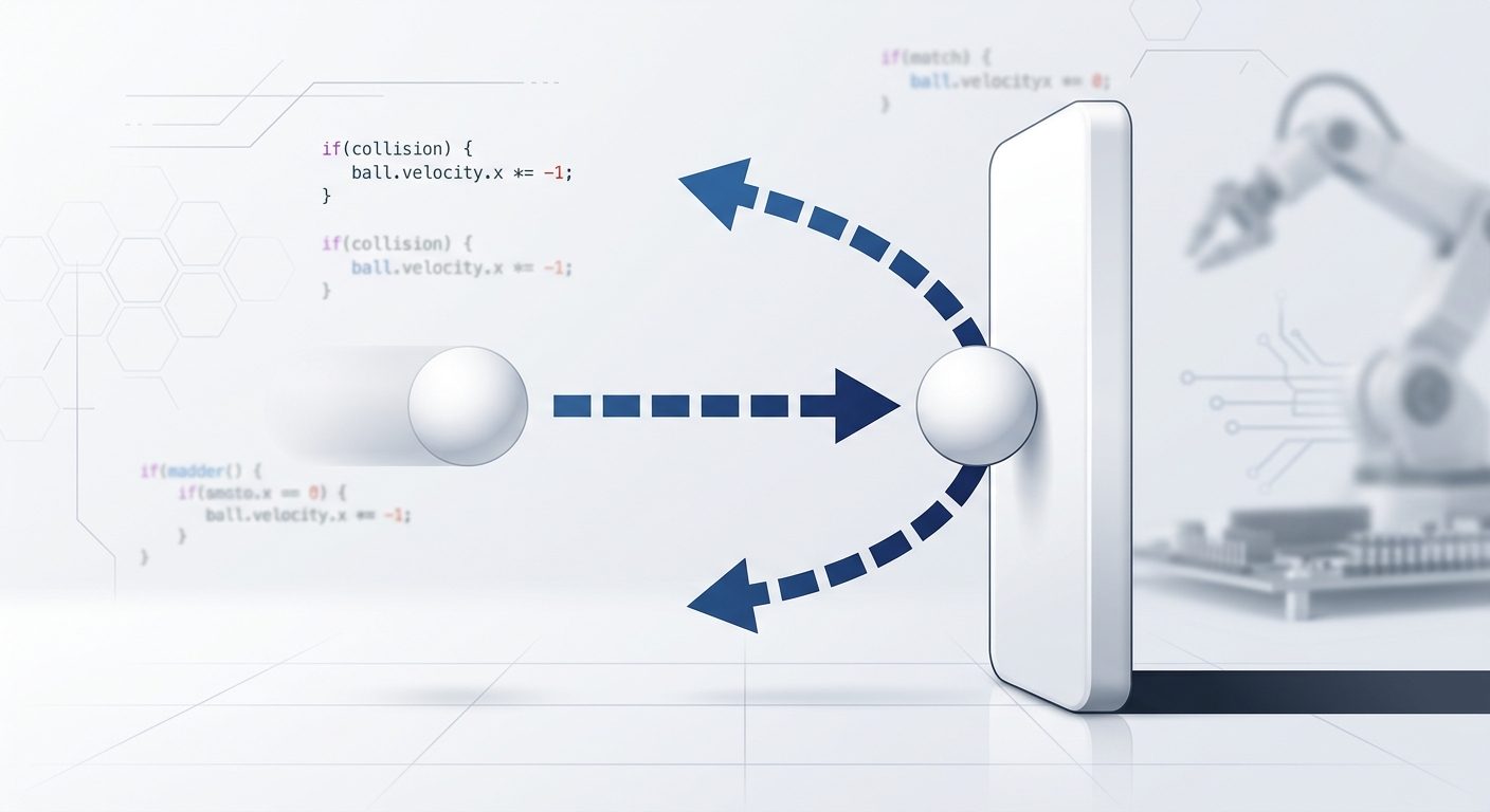 A diagram showing a white ball colliding with a white rectangular paddle, with an arrow indicating the ball's direction reversing upon impact.