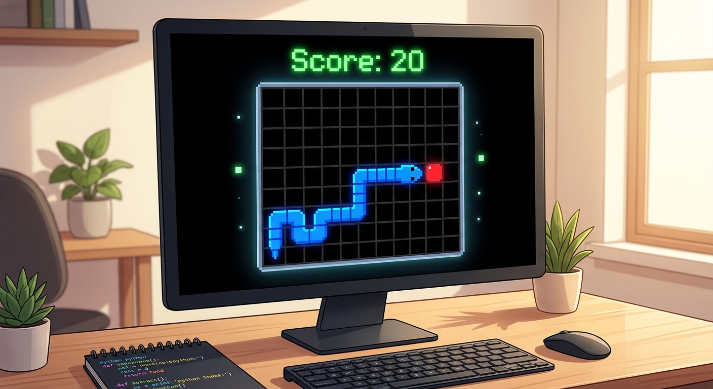 A screenshot of the final working game showing the blue snake eating a red food block.