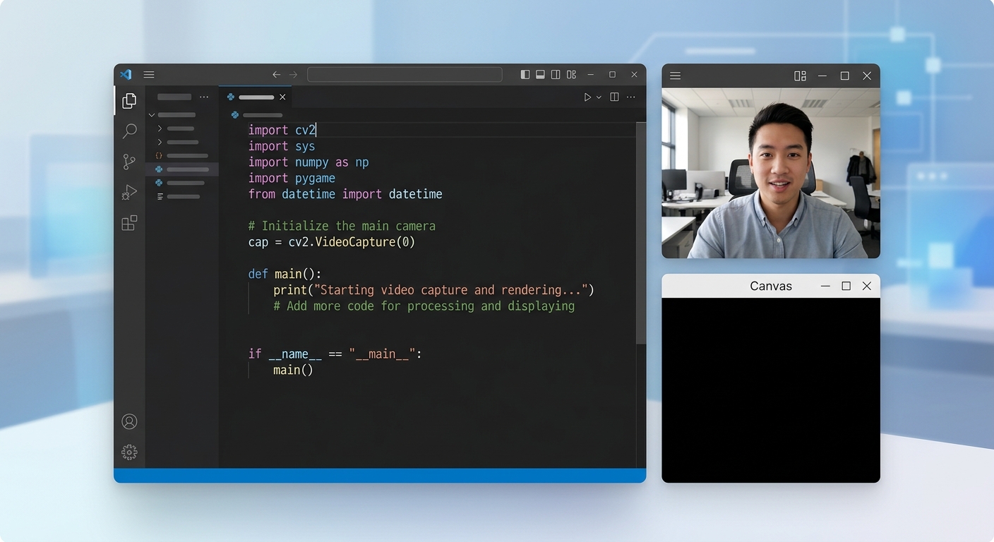 A screenshot of a code editor showing Python imports and a blank black canvas window alongside a webcam feed.