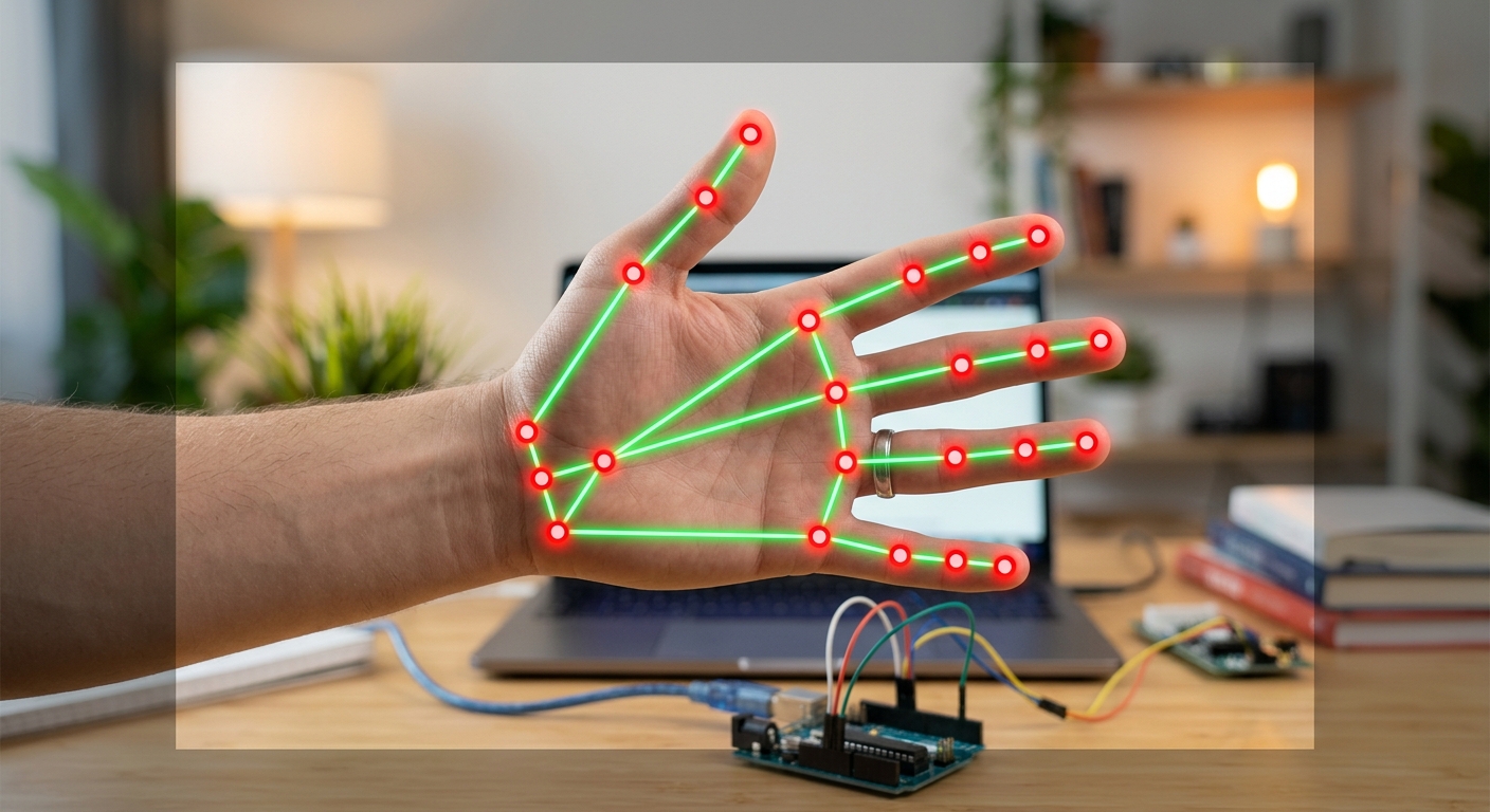 A screenshot of the webcam feed showing a human hand with glowing red and green nodes connected by lines, demonstrating MediaPipe hand tracking.