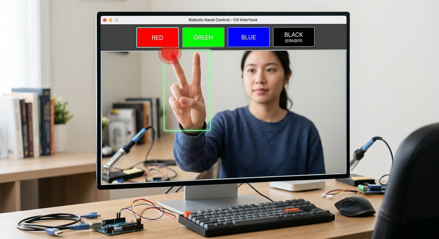An interface showing colored rectangles at the top of the webcam feed (Red, Green, Blue, Black/Eraser) and a user holding up two fingers to select the red color.