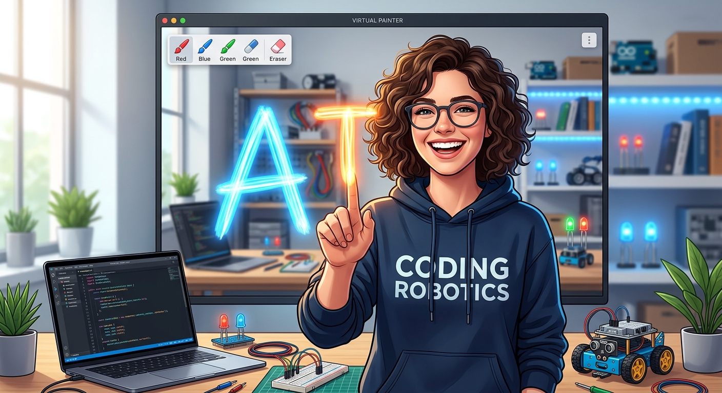 The final application running, showing a user smiling at the camera and drawing a massive, colorful 'AI' text over the live video feed.