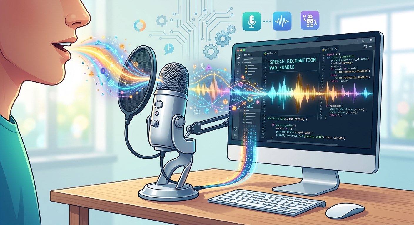 A colourful abstract visualization of sound waves representing a computer listening to human voice input through a microphone.