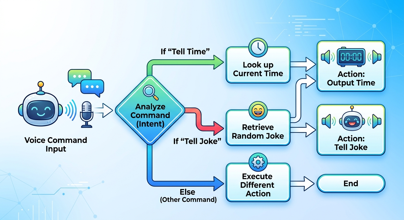 A flowchart graphic showing how an AI processes voice commands using if/else logic to output specific actions like telling the time or telling a joke.