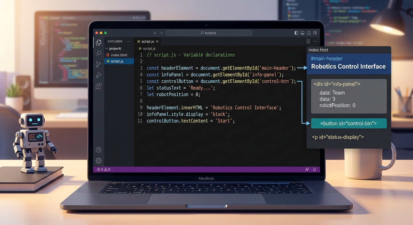 A code editor showing JavaScript variables being declared and linked to HTML element IDs using document.getElementById