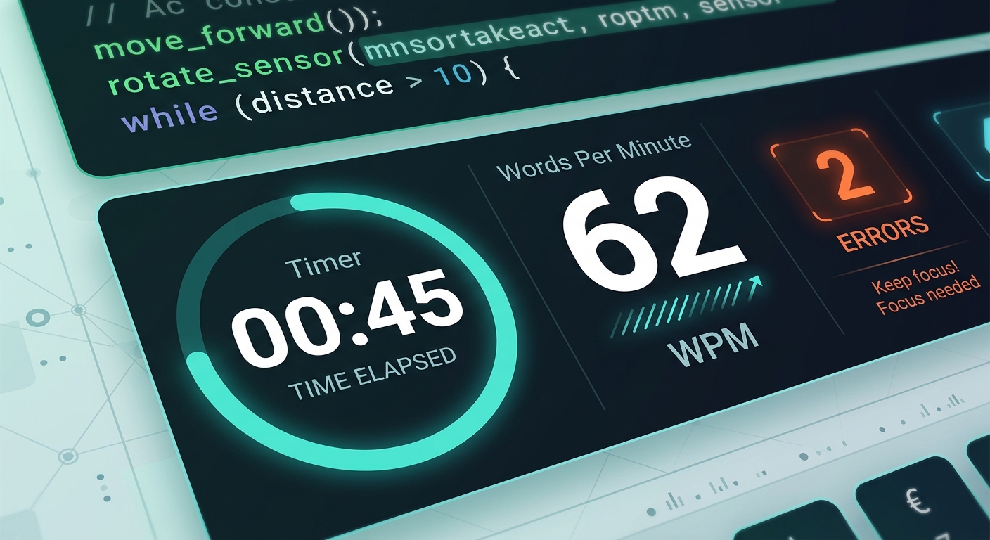 A dynamic shot of the stats board showing 45 seconds left, 62 WPM calculated, and 2 errors, indicating an active, ongoing typing test