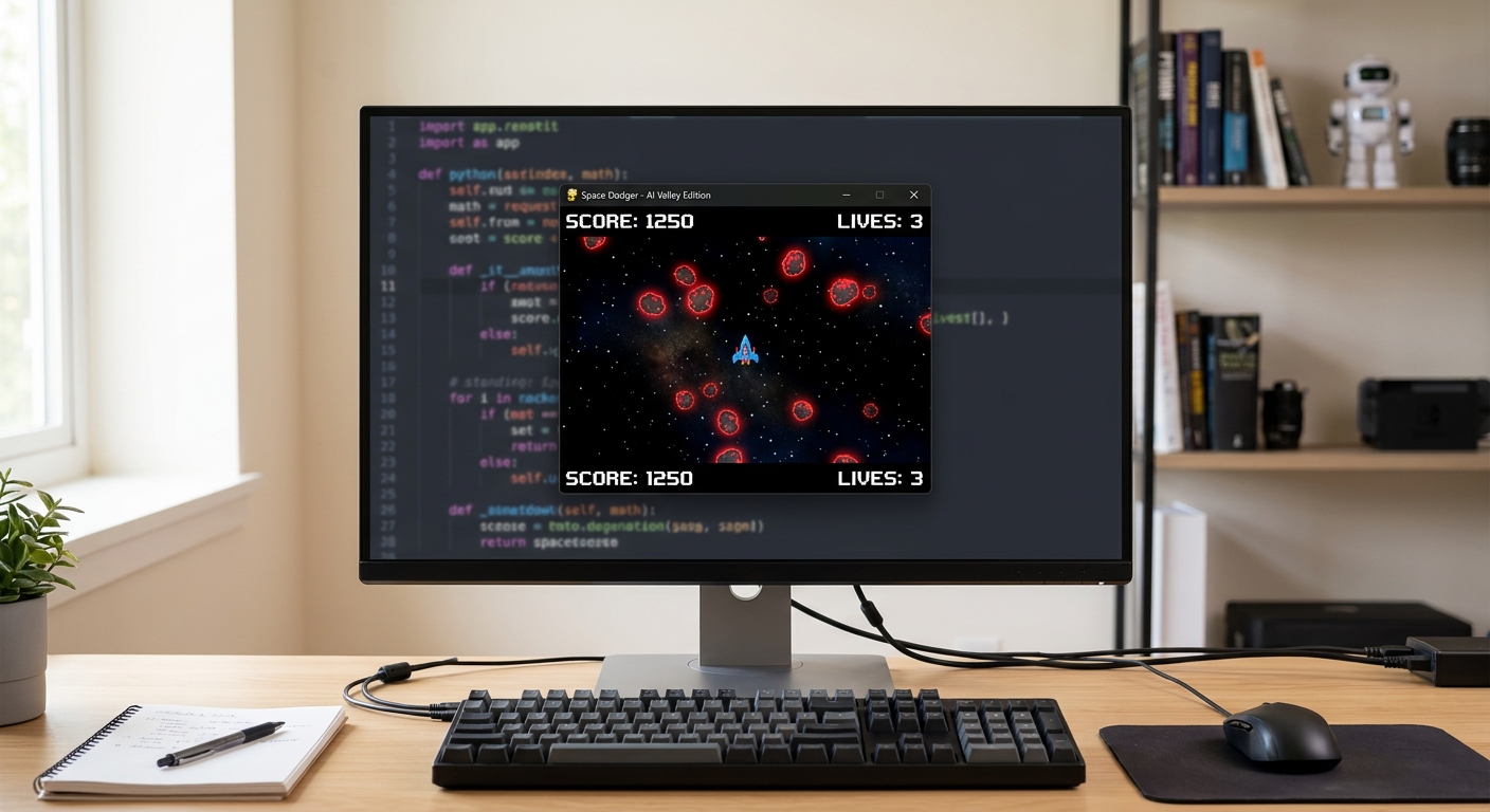 A computer screen showing a black Pygame window titled 'Space Dodger - AI Valley Edition' with code visible in the background.