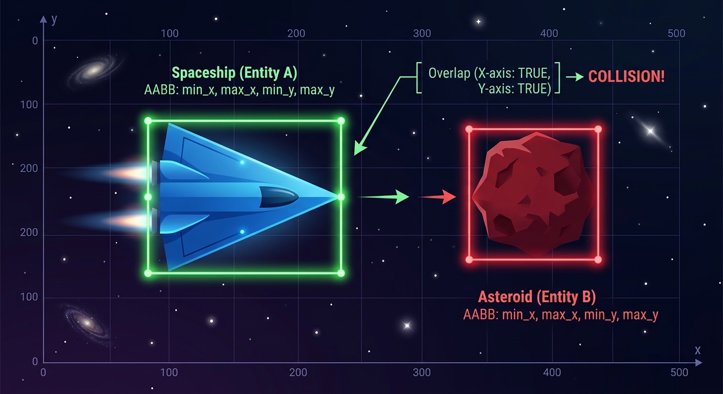 A visual diagram showing invisible rectangular bounding boxes overlapping between the blue spaceship and a red asteroid.