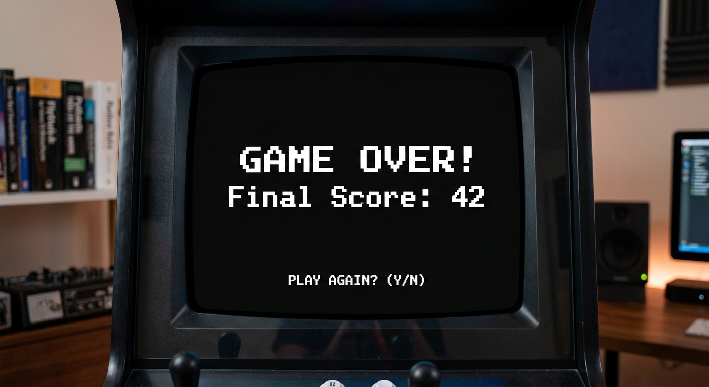A dramatic stark Game Over screen with white text displaying 'GAME OVER! Final Score: 42' centered on a black background.