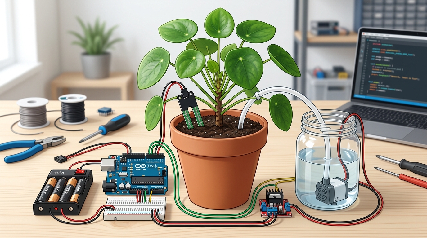 A wide shot of the completed project. A healthy green plant in a pot with the sensor pushed into the dirt, a small water reservoir nearby with the pump inside, all wired neatly to the Arduino and battery pack.