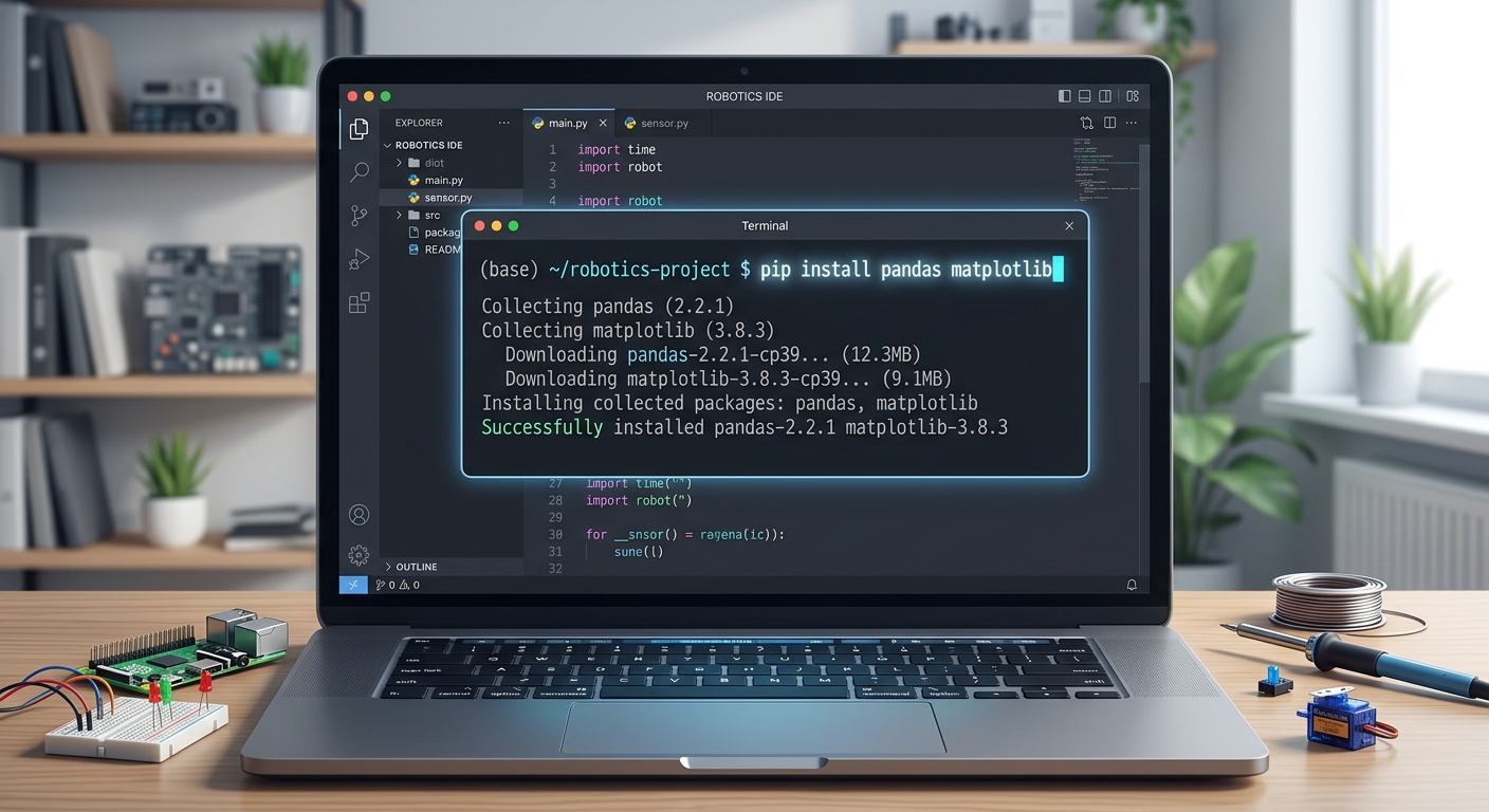 A screenshot of a computer terminal inside VS Code showing the user typing the pip install pandas matplotlib command.