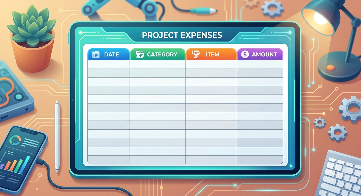 A diagram showing an empty spreadsheet with four columns: Date, Category, Item, and Amount.