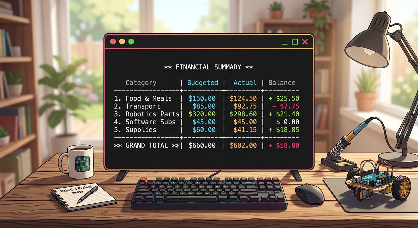 A screenshot of a computer terminal displaying a text-based summary of expenses grouped by category, with a total amount at the bottom.