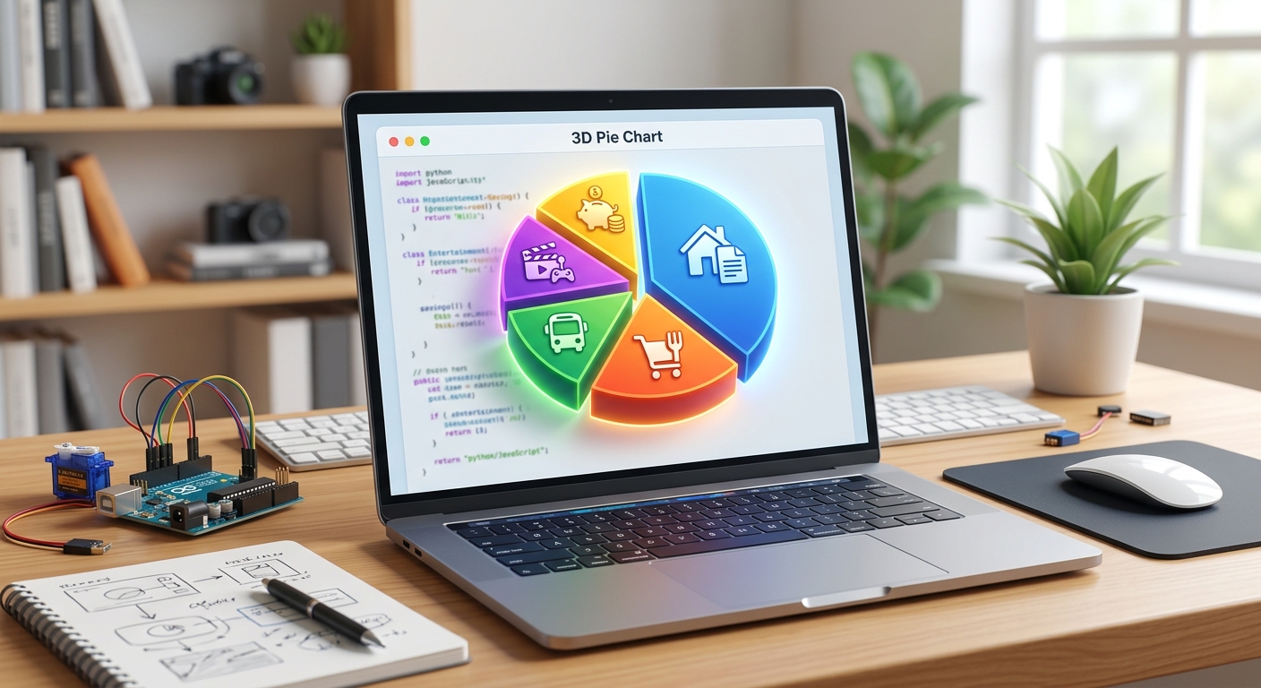 A bright, colorful pie chart popping up in a graphical window, dividing expenses into slices like Food, Transport, and Bills.