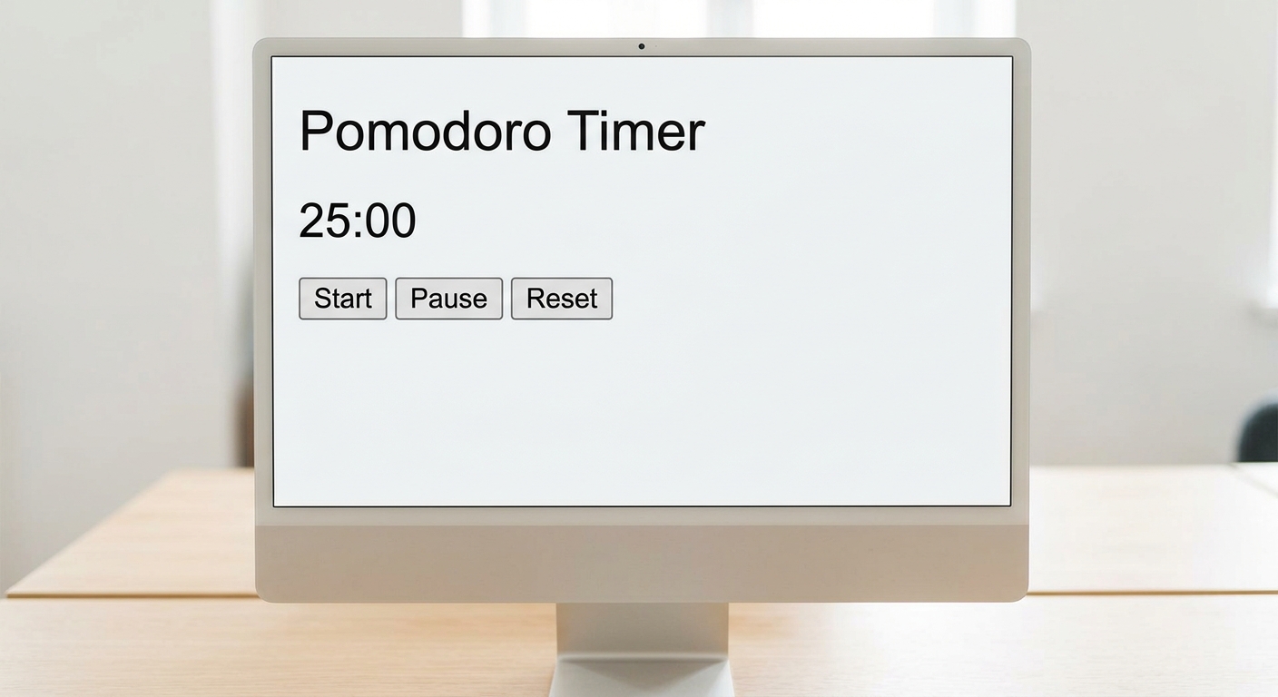 A screenshot of plain HTML text on a browser showing the unstyled structure of the Pomodoro timer controls and text.
