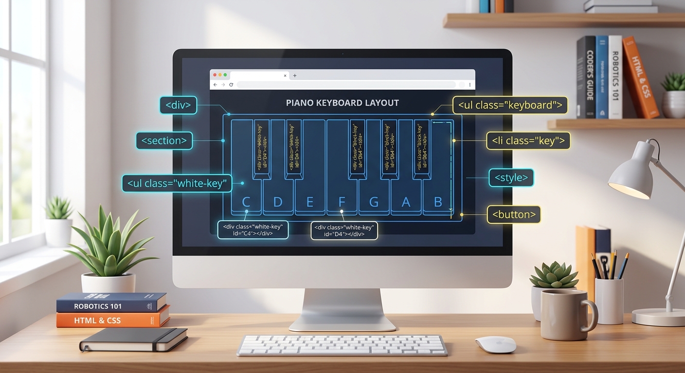 A clean, modern computer screen showing a wireframe of a piano keyboard layout with HTML tags hovering around it, digital art style.
