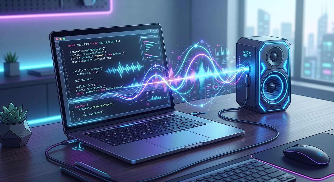 A glowing digital soundwave connecting a laptop to a speaker, representing the Web Audio API, cyberpunk coding style.