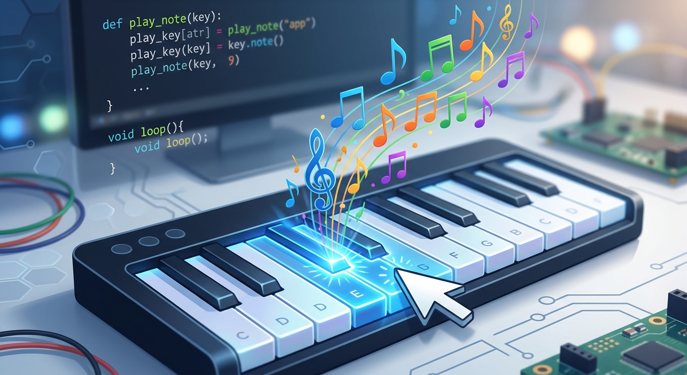 A computer mouse cursor hovering over a glowing digital piano key, clicking it to emit colorful musical notes.