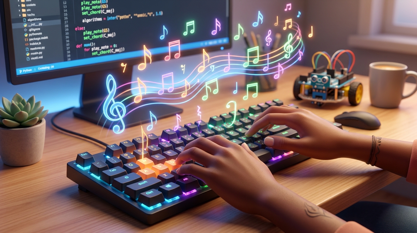 A pair of hands typing on a glowing mechanical computer keyboard that is magically playing musical notes, 3D render.