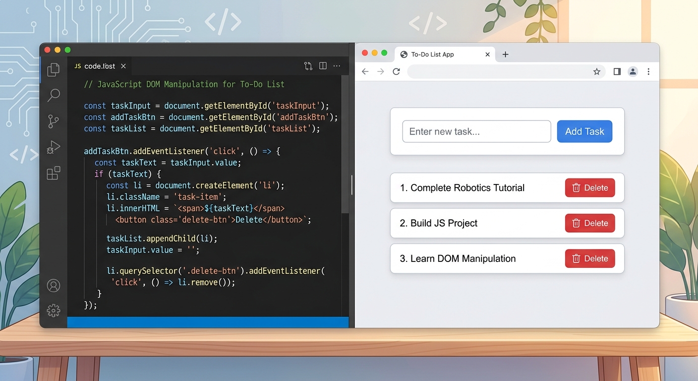 A split screen showing the completed JavaScript function on one side, and the web browser displaying newly added tasks in the list on the other.