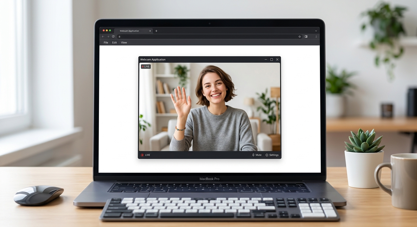 A clean screenshot of a simple webcam feed opening on a computer screen showing a person waving.