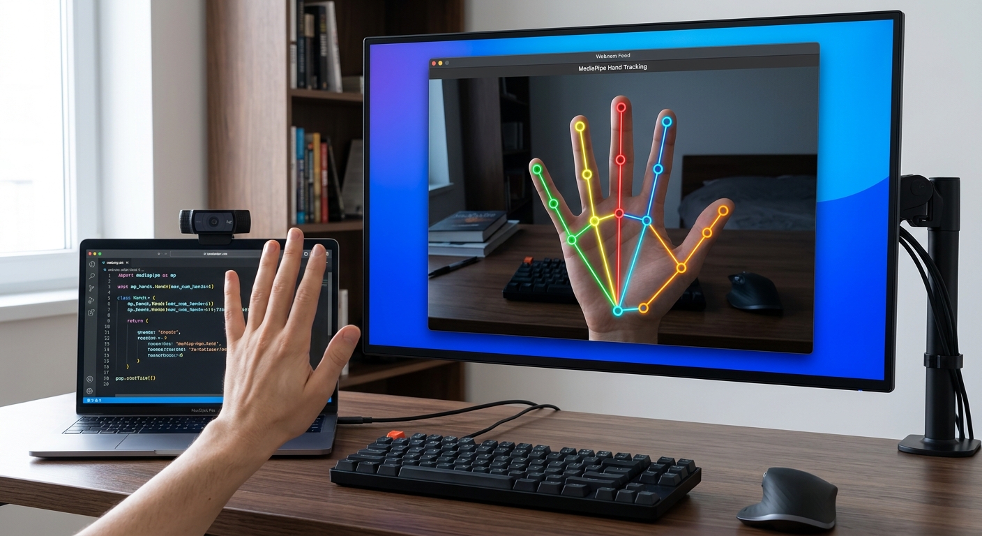 A screenshot of a hand on a webcam feed with brightly colored Mediapipe digital nodes and connecting lines overlaid on the fingers.