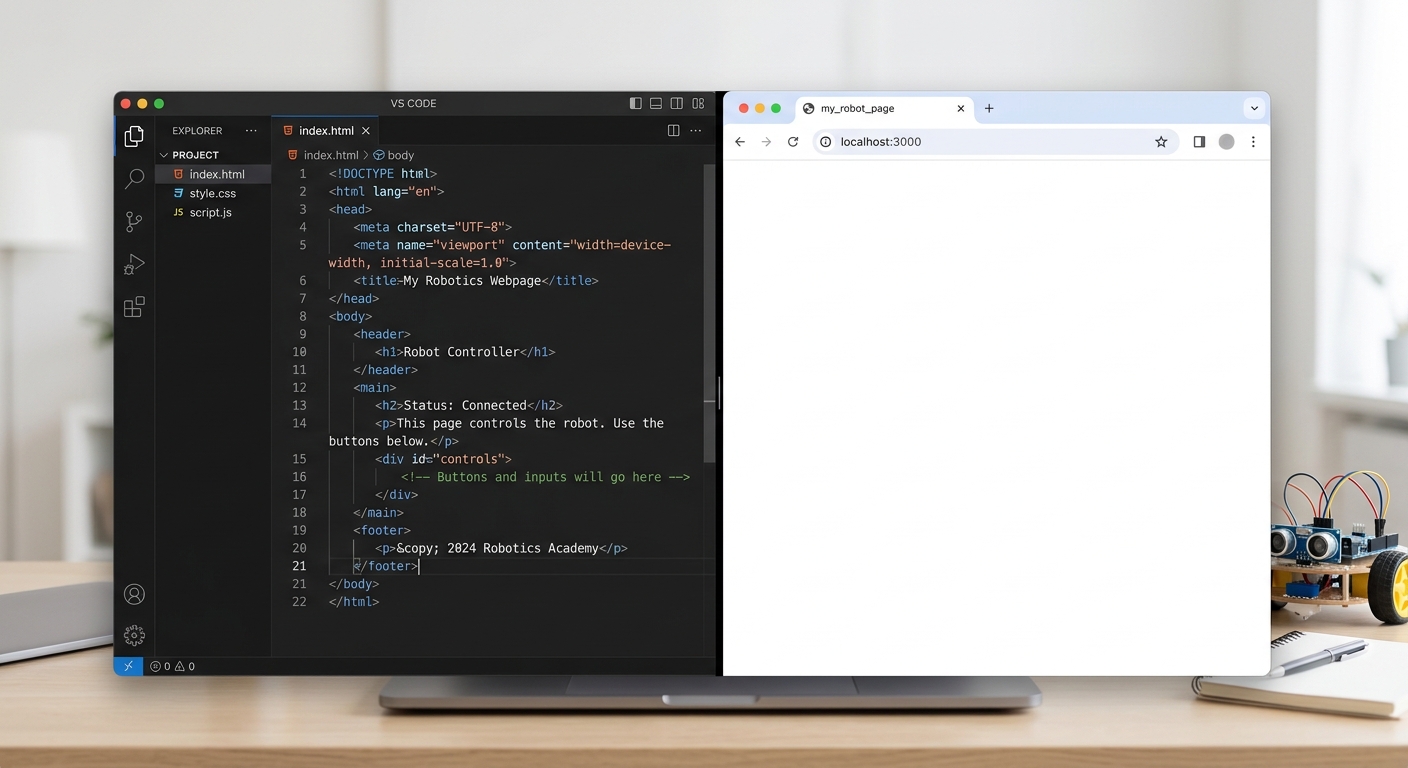 A screenshot of a code editor showing the basic index.html structure with a blank white browser window next to it.