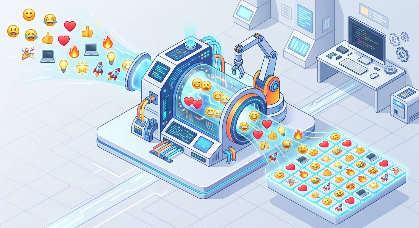 An illustration showing an array of emojis being duplicated into pairs and then shuffled into a random order.