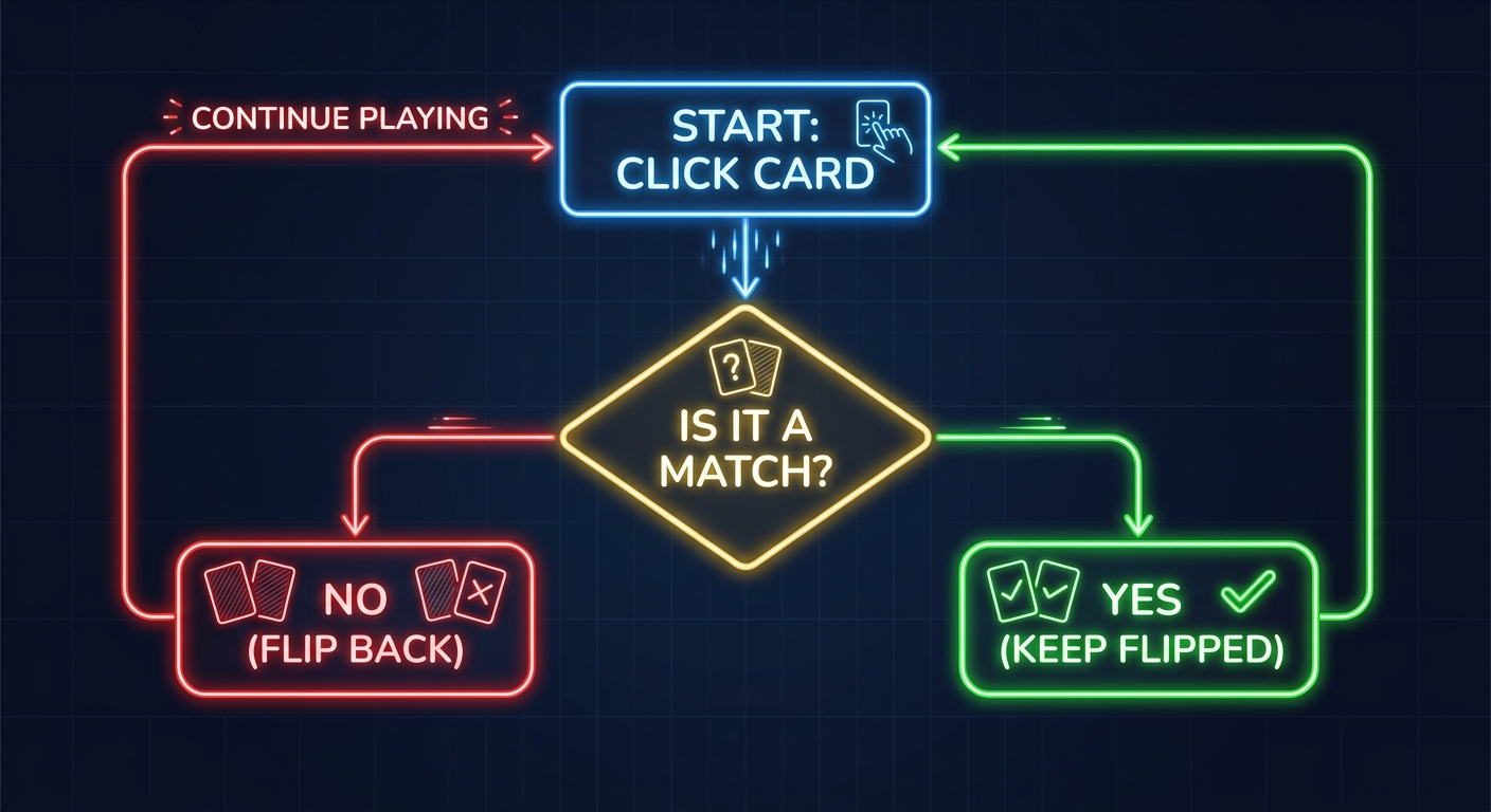 A flowchart showing the game logic: Click Card -> Is it a match? -> Yes (Keep Flipped) -> No (Flip back after 1 second).