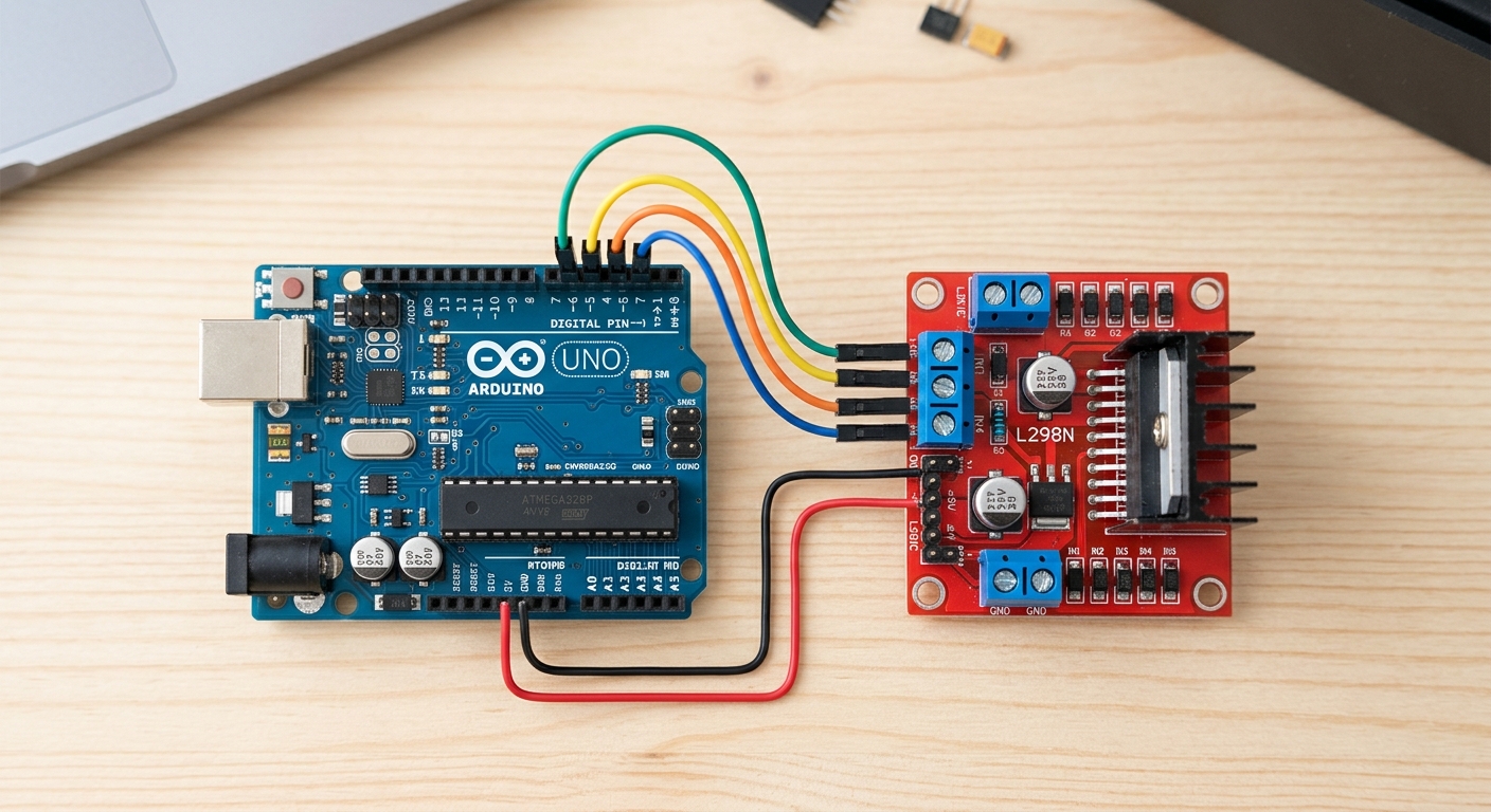 A close-up wiring diagram showing the connections between the Arduino digital pins 4-7 and the L298N IN1-IN4 pins, alongside motor connections.