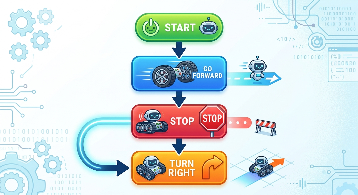 A graphical flowchart showing the logic: Start -> Go Forward -> Stop -> Turn Right.