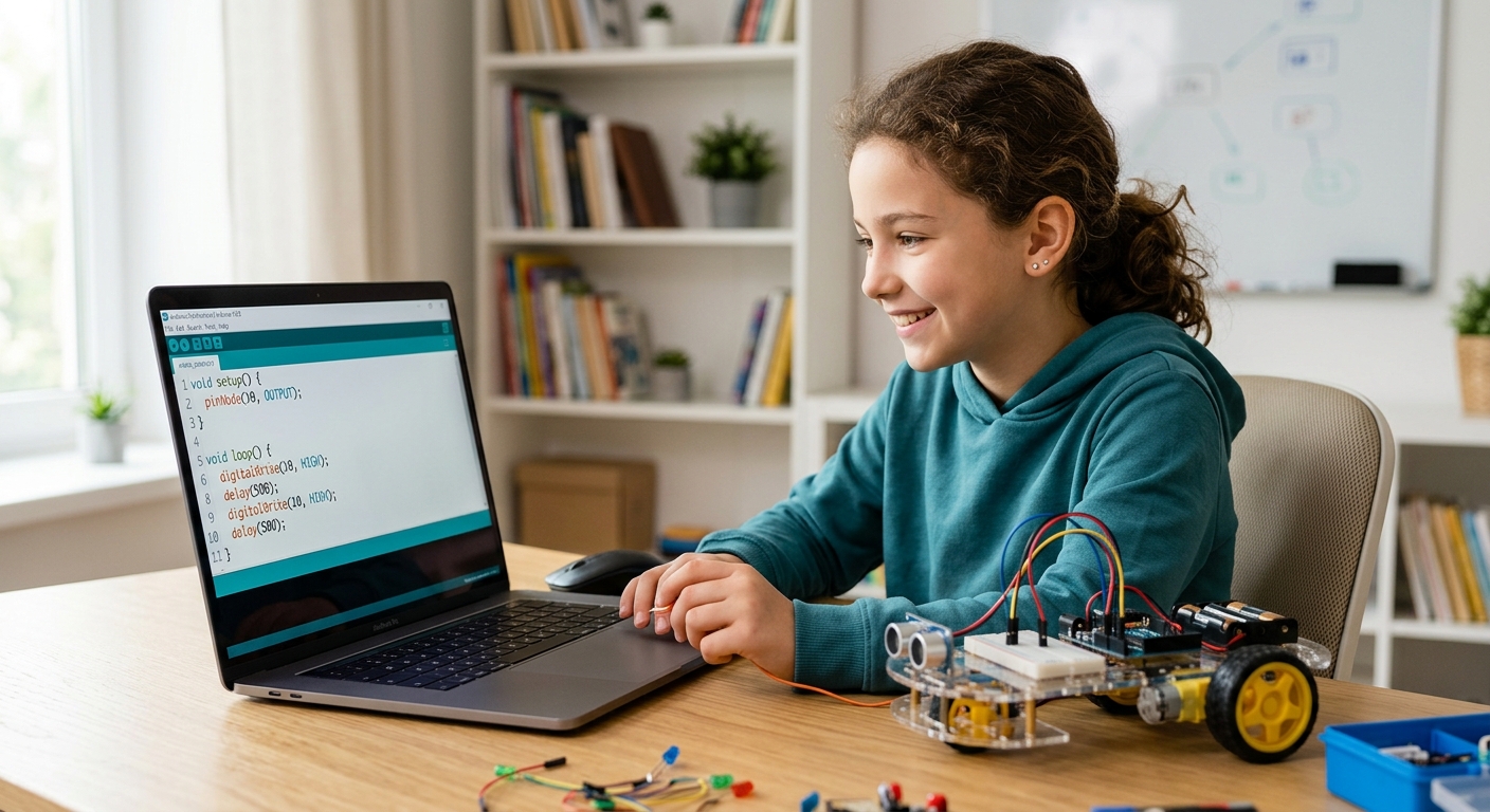 A student tweaking code on a laptop while the robot sits next to the screen on a workbench.